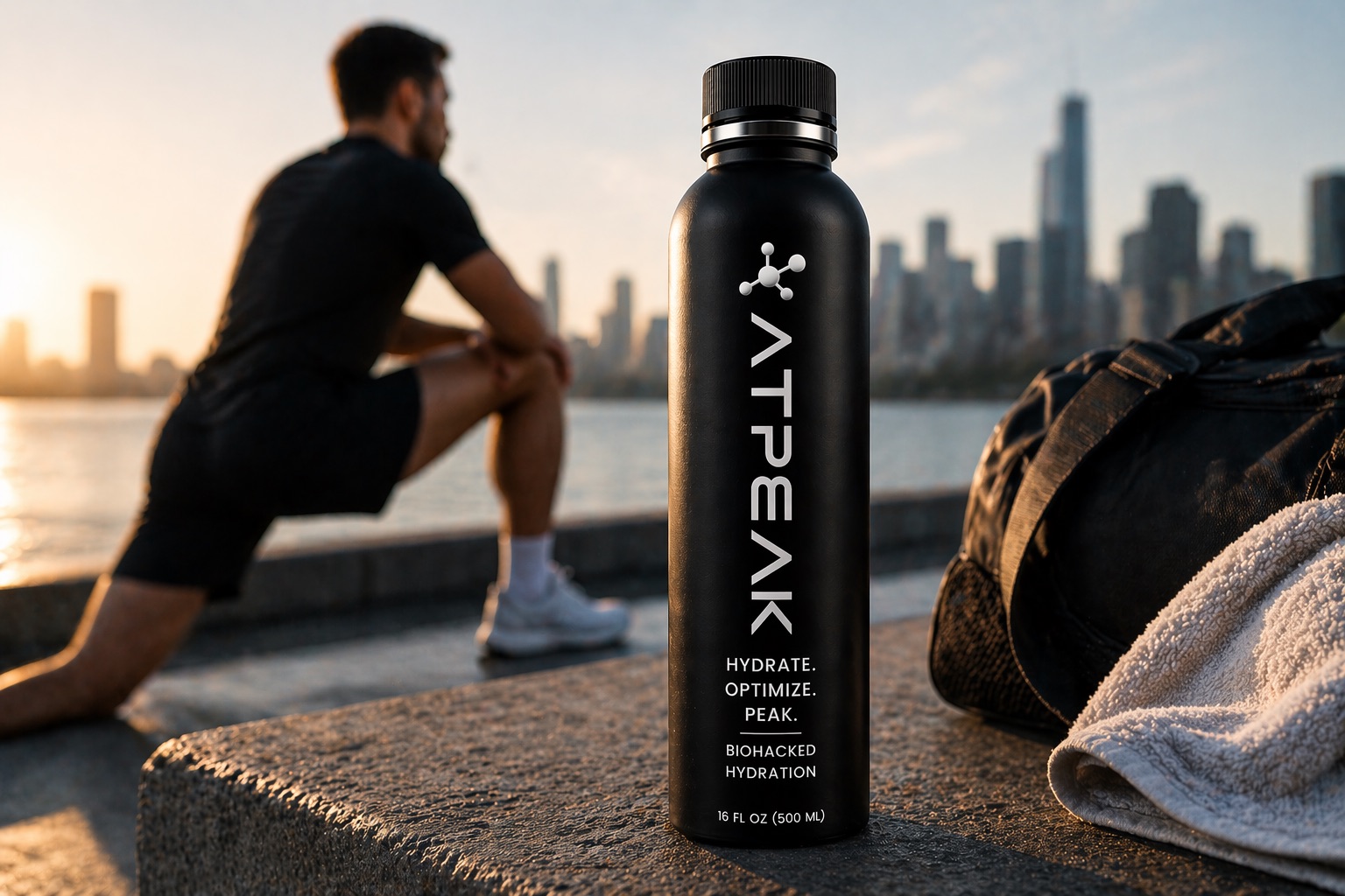 ATPEAK on a waterfront ledge with city skyline