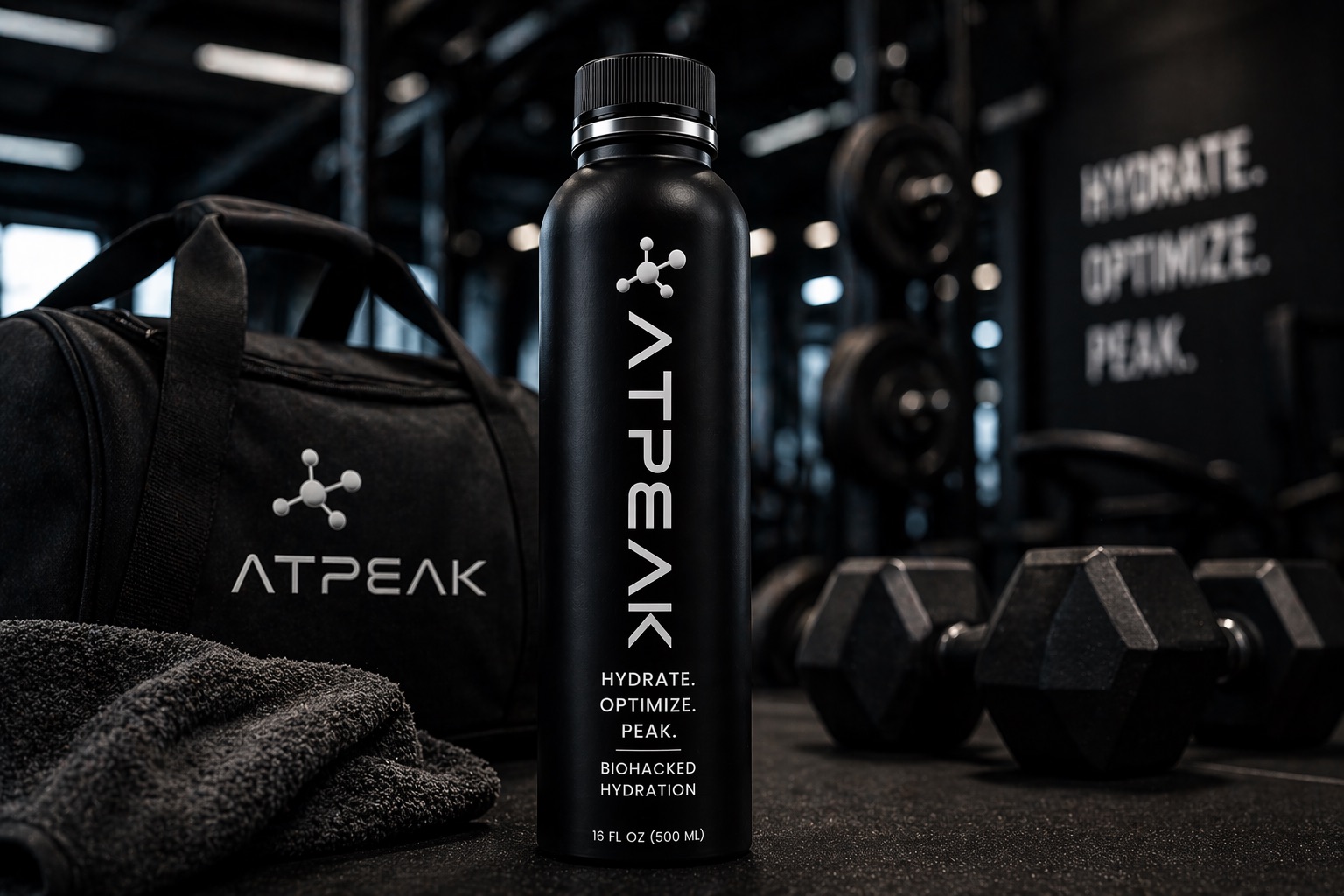 ATPEAK in a gym setting with duffle bag and dumbbells