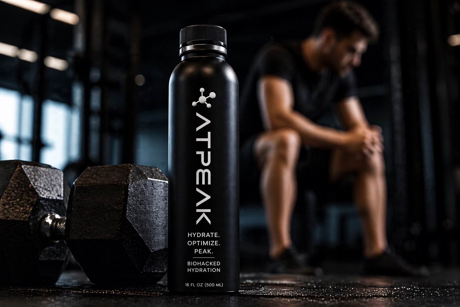 ATPEAK 16 oz bottle next to a dumbbell in a gym