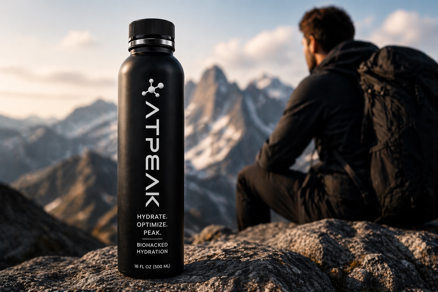 ATPEAK on rocks with a mountain backdrop
